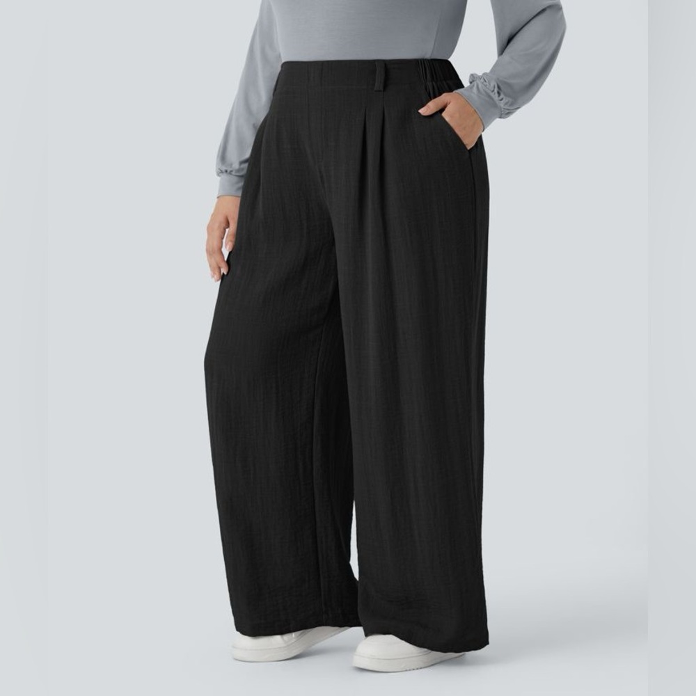 Halara High Waisted Pocket Wide Leg Flowy Solid Palazzo Casual Linen-Feel Pants